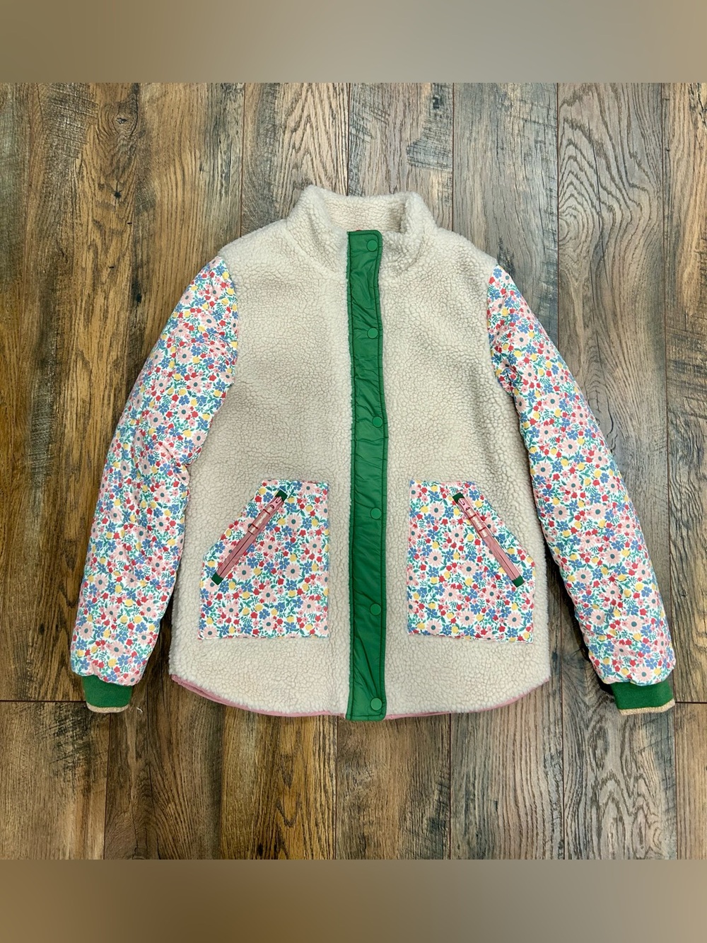 *NEW* MINI BODEN Multicolor Floral Borg Mix Coat Sherpa Puffer Jacket SZ 13-14Y